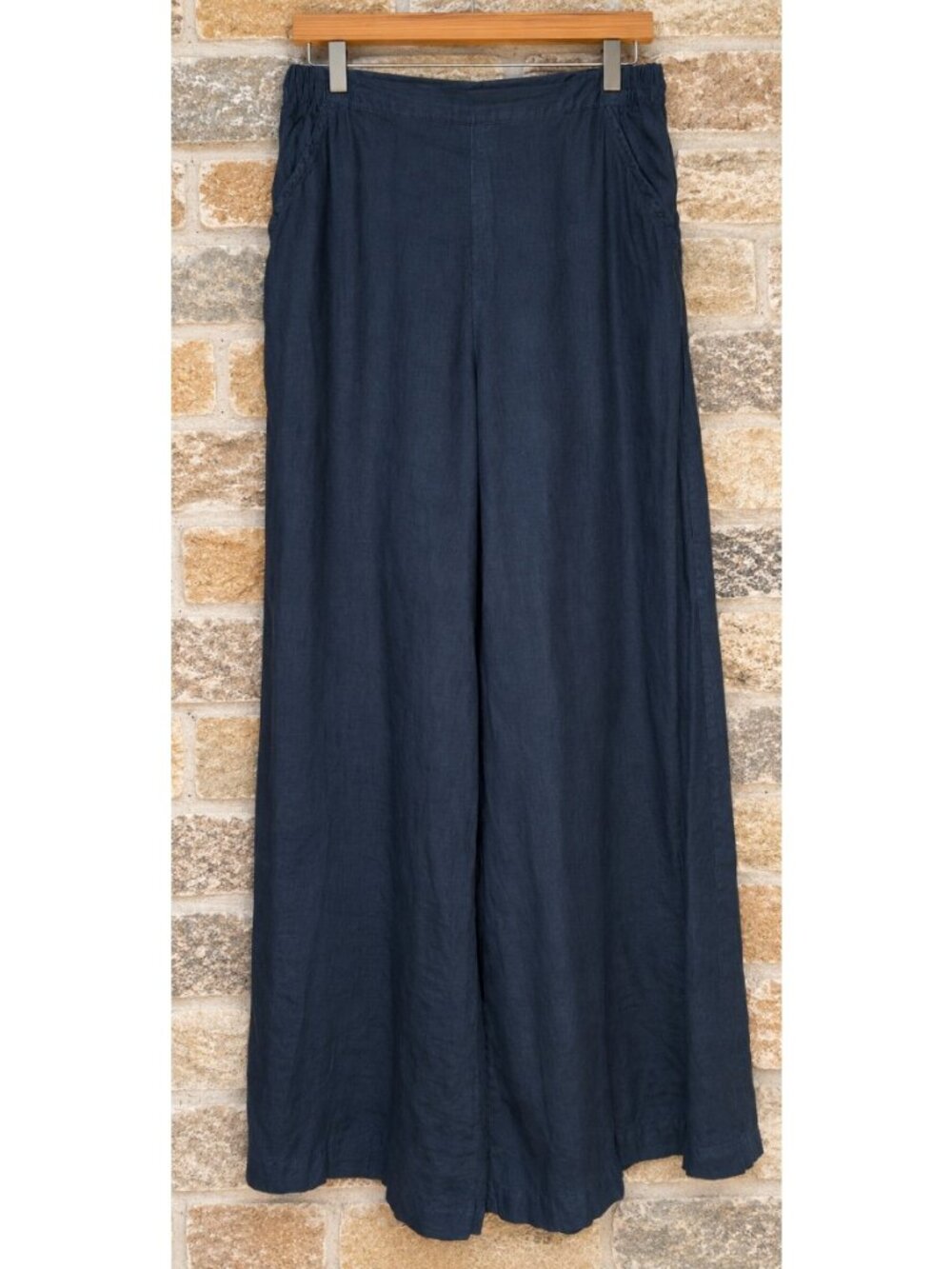 CP Shades Sz M 100% Linen Palazzo Pants Culottes Super Wide Navy Pockets Pull On